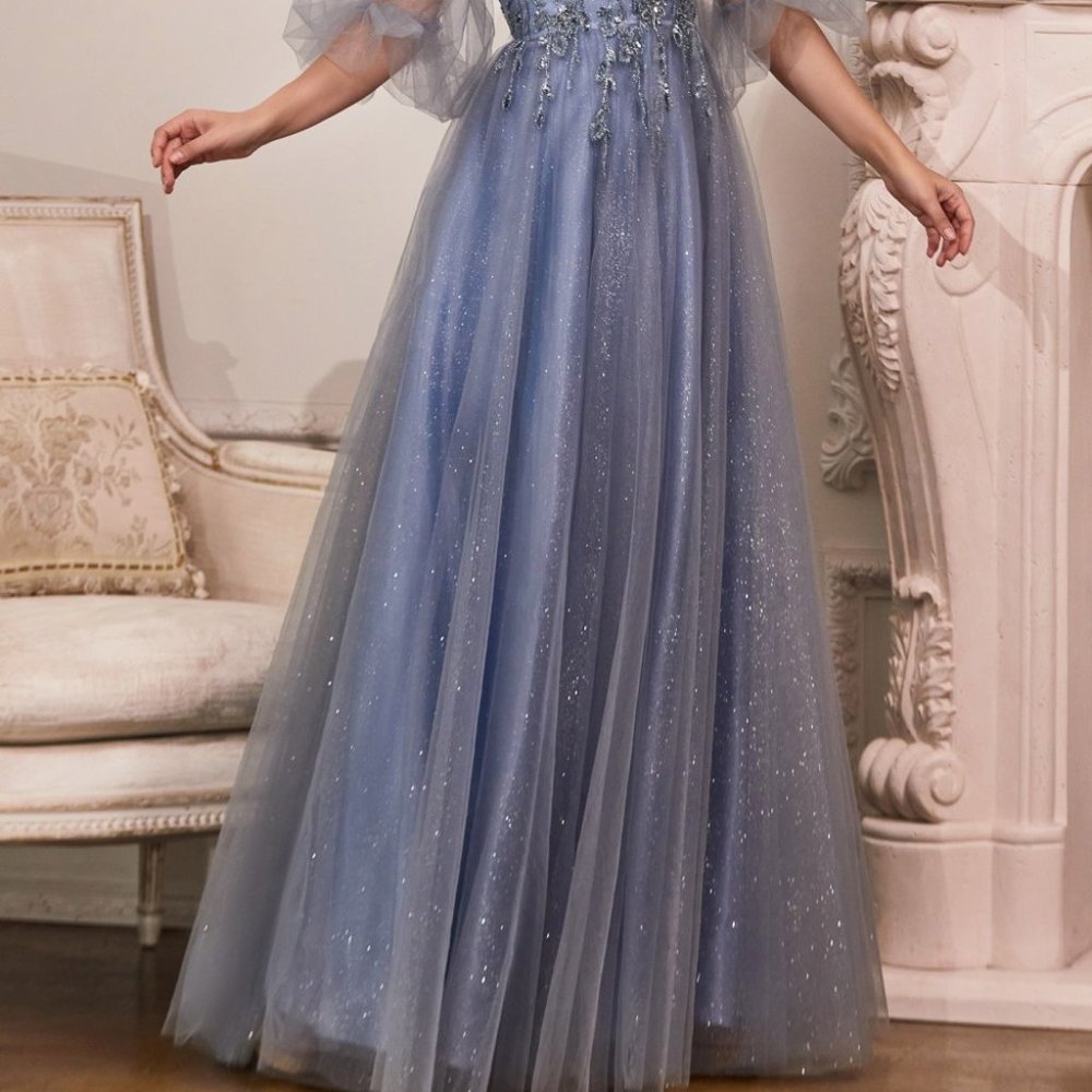 SMOKEY BLUE  PROM PARTY PUFFY SLEEVES A-LINE GLITTER TULLE A-LINE DRESS CD0182 - Picture 2 of 6